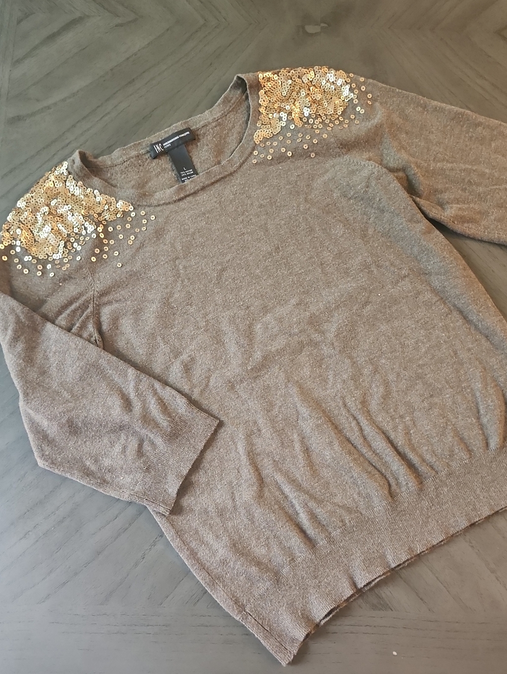INC International Concepts Brown Sweater With Gold Sequin Shouldes Size L